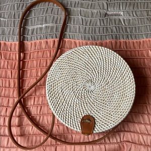 Handwoven Round Rattan Bag Shoulder Leather Straps